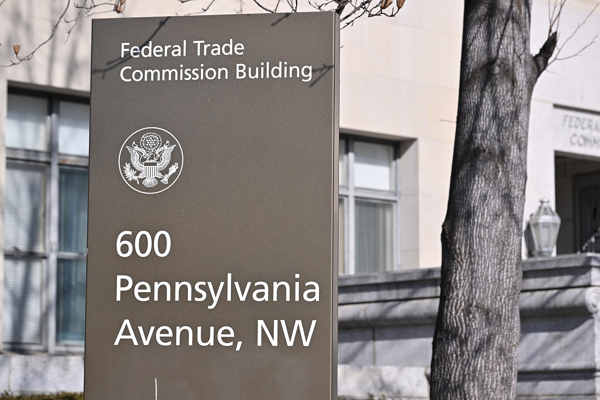 Sign outside the Federal Trade Commission building at 600 Pennsylvania Avenue NW, Washington, D.C.