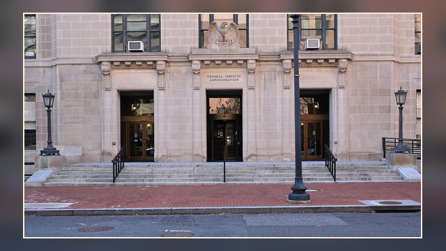Exterior view of the main entrance to the General Services Administration (GSA) Headquarters Building at 1800 F Street NW, Washington, D.C.