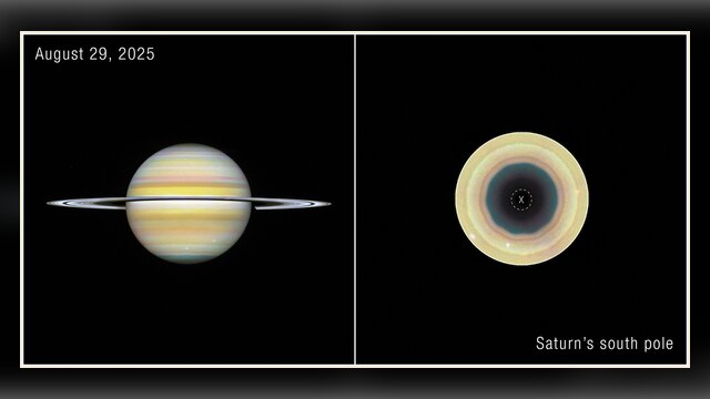 Hubble/ESA color views of Saturn (full disk) and a close-up of Saturn’s south pole showing a dark central region outlined in a ten-sided ‘decagon’ atmospheric wave, with a small dashed circle marking missing data.