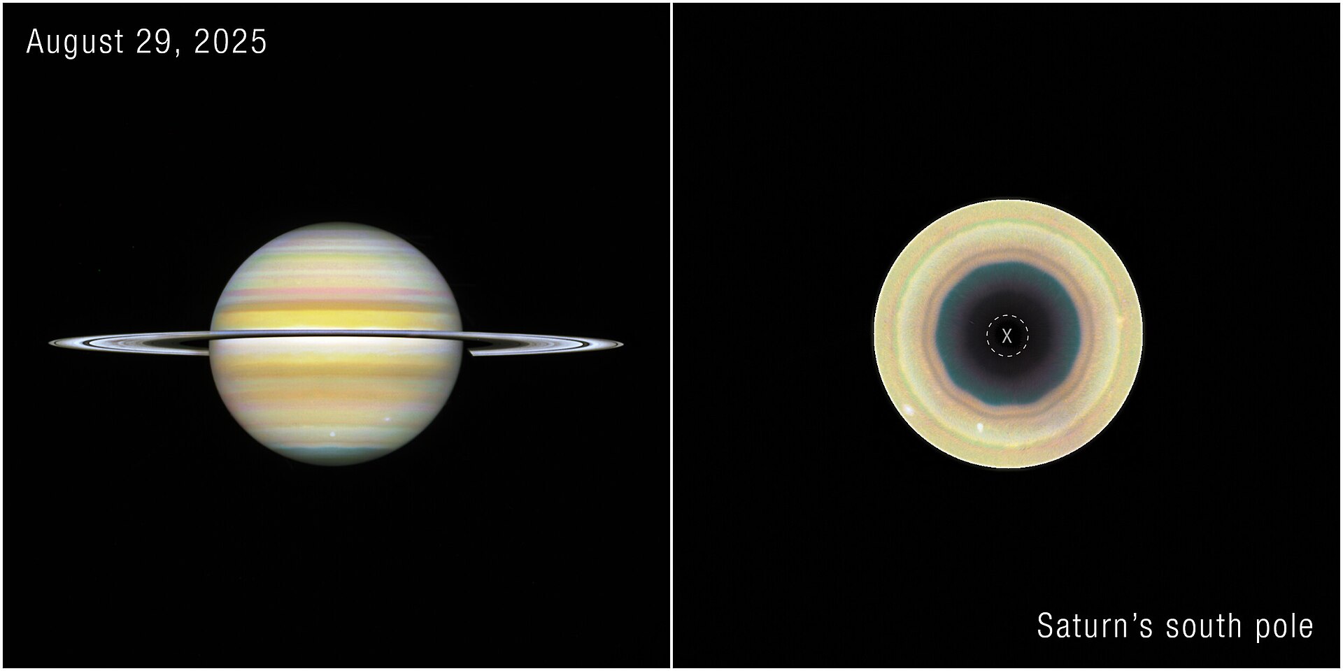 Hubble/ESA color views of Saturn (full disk) and a close-up of Saturn’s south pole showing a dark central region outlined in a ten-sided ‘decagon’ atmospheric wave, with a small dashed circle marking missing data.
