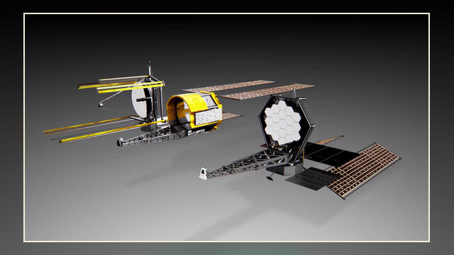 Artist's concept still showing three different Habitable Worlds Observatory spacecraft design concepts against a space background, illustrating alternative architecture options.