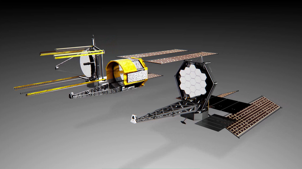Artist's concept still showing three different Habitable Worlds Observatory spacecraft design concepts against a space background, illustrating alternative architecture options.