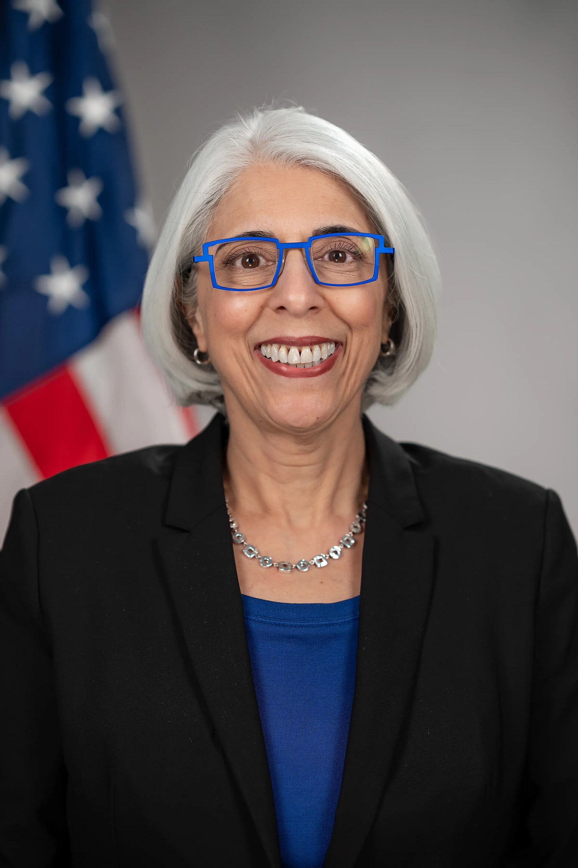Official portrait of Arati Prabhakar, Director of the White House Office of Science and Technology Policy (OSTP), standing and posing in the Eisenhower Executive Office Building.