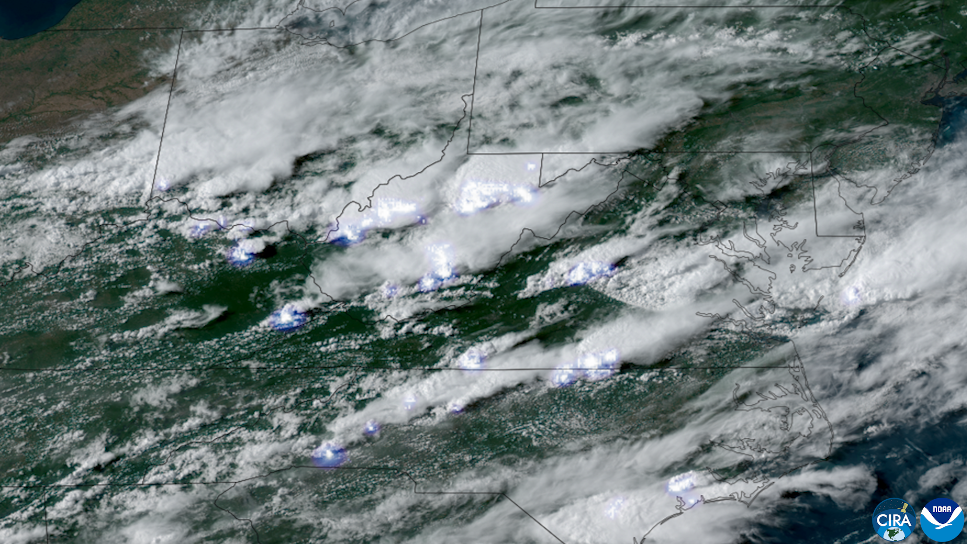 Radar/satellite map showing thunderstorms moving through the Ohio Valley and Mid‑Atlantic states, with storm bands over the region.