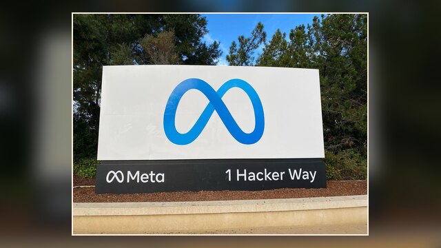 Entrance sign at Meta's headquarters complex in Menlo Park, California.