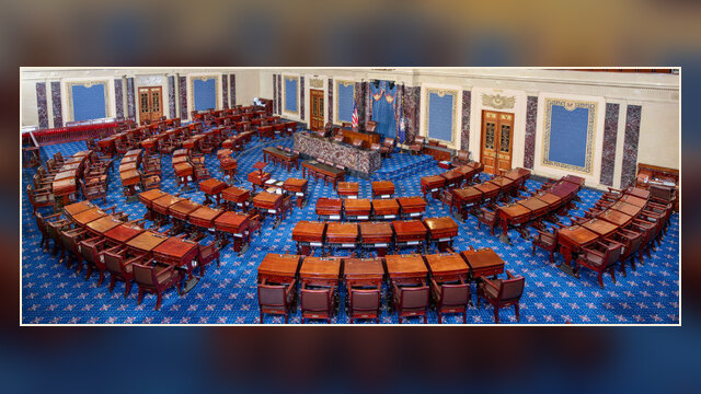 Interior view of the United States Senate chamber, showing the Senate floor and seating.