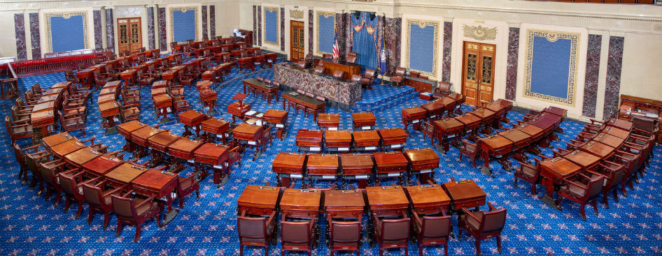 Interior view of the United States Senate chamber, showing the Senate floor and seating.