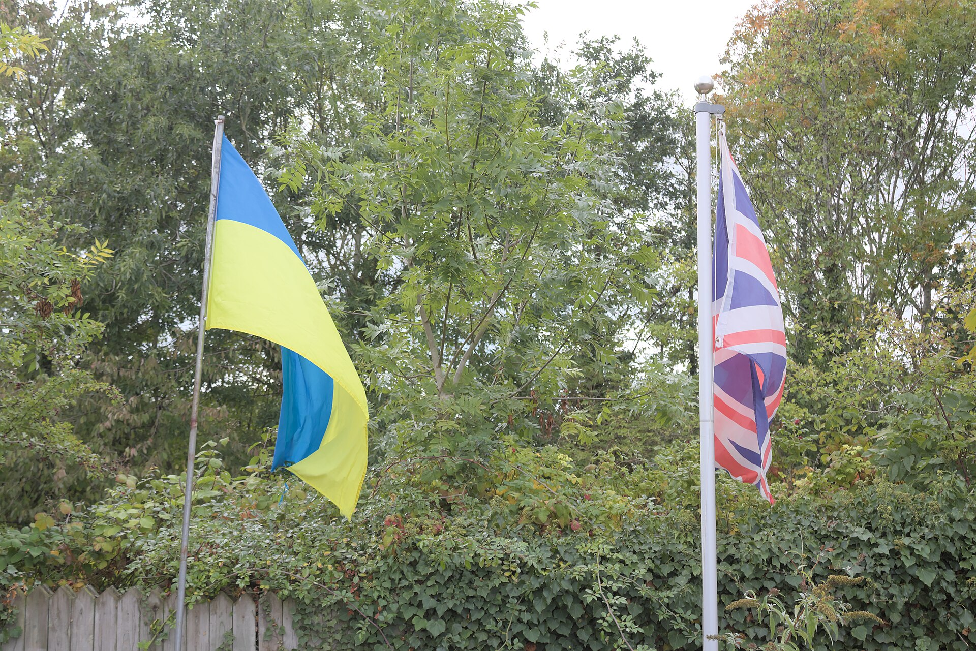 The national flags of Ukraine and the United Kingdom flying side by side, symbolizing bilateral cooperation.