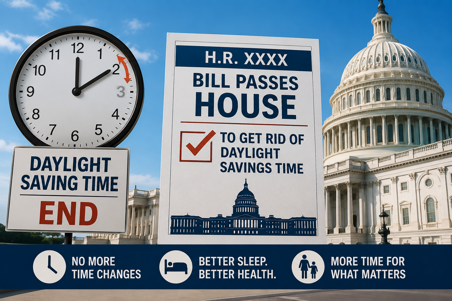 Clock and U.S. Capitol illustrating legislation to make daylight saving time permanent