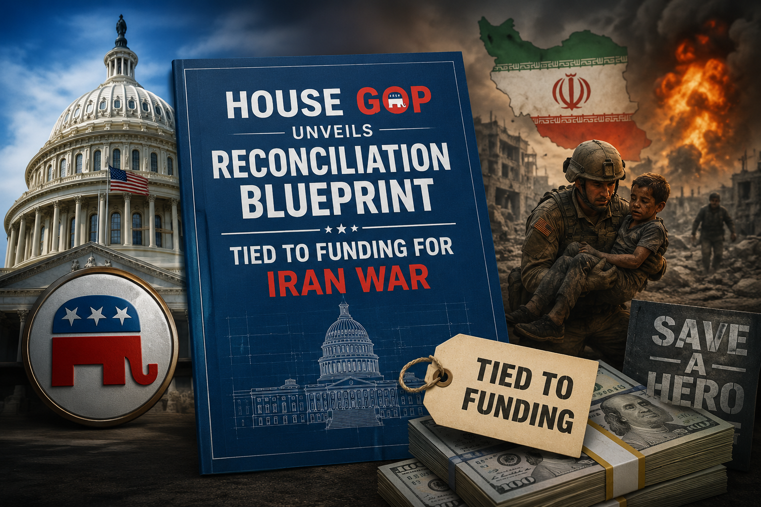 A wide-shot photo of the U.S. Capitol dome with an inset of stacked budget documents or a legislative packet; avoid depicting any specific lawmakers or events not confirmed in reporting. Caption: 'House GOP releases reconciliation blueprint; totals and offsets remain disputed.'